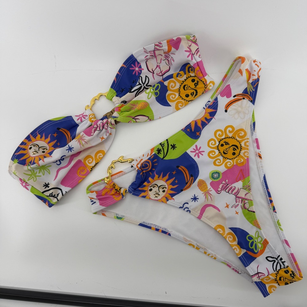 Nasty Gal Celestial Sun Moon Lobster Print Bikini Set Gold Ring Detail Size 8